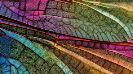 A detailed close-up reveals a dragonfly's wing with vibrant hues. The intricate veining creates a delicate yet robust design with iridescent colors