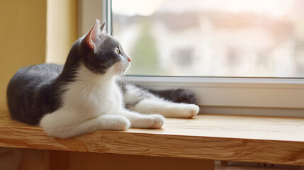 garroting. A cat lounging on a sunny windowsill, ignoring birds outside the window. wildlife magazines, conservation campaigns, designed for eco-tourism storytelling, used by PR specialists.