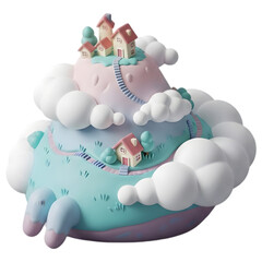 Cute pastel tiny world nestled among fluffy clouds