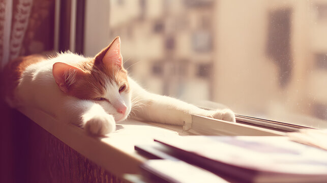 garroting. A cat lounging on a sunny windowsill, ignoring birds outside the window. wildlife magazines, conservation campaigns, designed for eco-tourism storytelling, used by PR specialists.