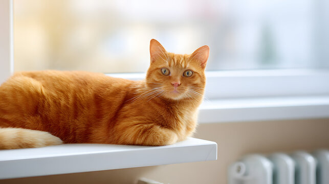 garroting. A cat lounging on a sunny windowsill, ignoring birds outside the window. wildlife magazines, conservation campaigns, designed for eco-tourism storytelling, used by PR specialists.