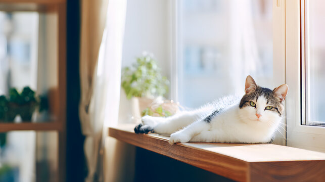 garroting. A cat lounging on a sunny windowsill, ignoring birds outside the window. wildlife magazines, conservation campaigns, designed for eco-tourism storytelling, used by PR specialists.