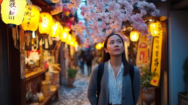 桜咲く商店街を夕暮れに散策する女性、提灯と青い空の春の情景