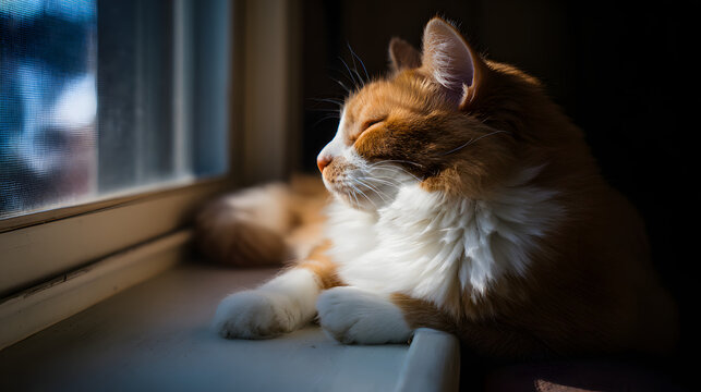garroting. A cat lounging on a sunny windowsill, ignoring birds outside the window. wildlife magazines, conservation campaigns, designed for eco-tourism storytelling, used by PR specialists.
