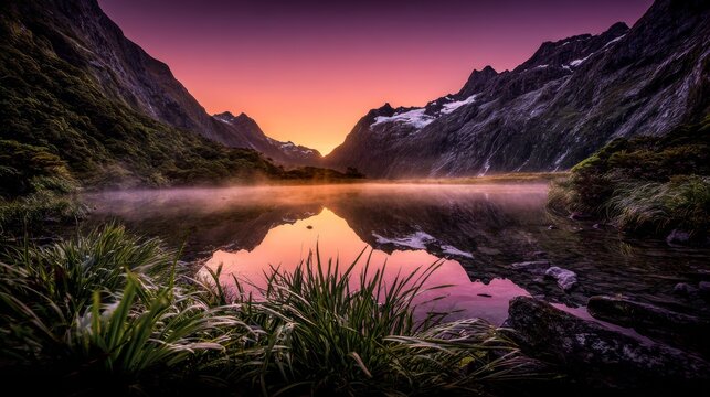 A stunning sunrise over the majestic mountains of New Zealand, reflecting in the crystal-clear waters of Lake Quill. Mist rises from the surface, illuminating snow-capped peaks and lush greenery. - Powered by Adobe