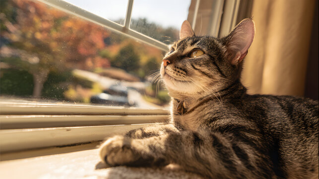 garroting. A cat lounging on a sunny windowsill, ignoring birds outside the window. wildlife magazines, conservation campaigns, designed for eco-tourism storytelling, used by PR specialists.