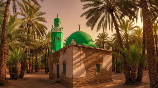 Green dome mosque palm trees sunlight architecture