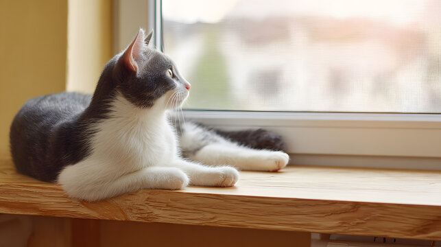 garroting. A cat lounging on a sunny windowsill, ignoring birds outside the window. wildlife magazines, conservation campaigns, designed for eco-tourism storytelling, used by PR specialists.