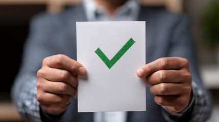 A person in a suit is holding a white card with a green checkmark, indicating approval or success