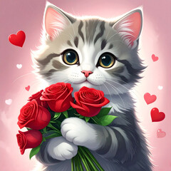 Adorable kitten with huge expressive eyes holding a bouquet of red roses