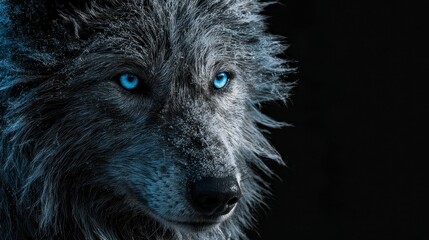 A close-up portrait of a wolf with piercing blue eyes and fluffy fur, against a dark, contrasting background