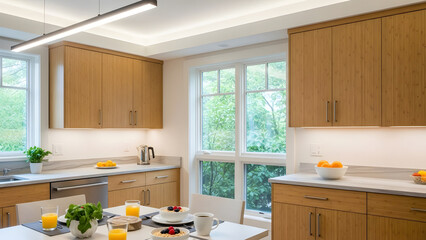 Modern Sustainable Home Kitchen with Circadian Lighting and Wooden Cabinets