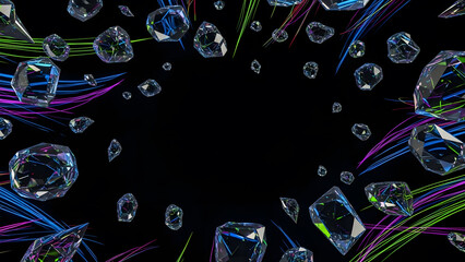 Abstract explosion of floating crystal shards and colorful neon light streaks on a black background dynamic motion and energy concept.