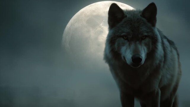 A lone wolf stands beneath a luminous full moon, shrouded in misty plains and rugged, silent rocks.!