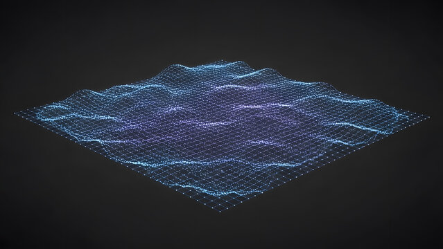 Abstract digital landscape with glowing blue dots and grid lines wireframe terrain representing big data virtual reality and cyber topography. - Powered by Adobe
