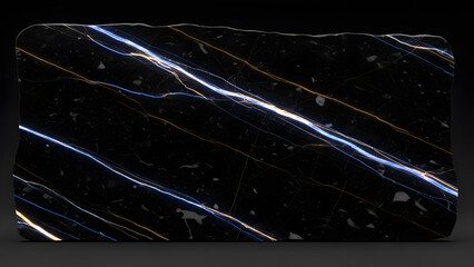 Black granite slab with electric blue and gold veins magic stone texture close up 3D render.