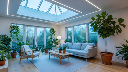 Circadian Lighting Enhances a Sustainable Home with Modern Furniture and Plants in a Bright Living Room