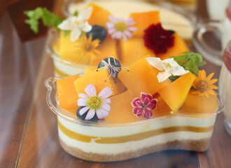 Delicious and beautifully decorated cake for sale at the cafe.