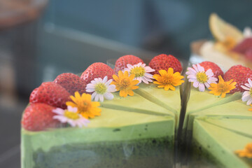 Delicious and beautifully decorated cake for sale at the cafe.