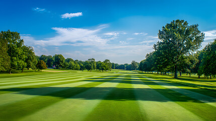 ryegrass. Manicured ryegrass on golf course green with geometric mowing patterns in daylight. gardening catalogs, home-decor guides, designed for home decor and floral branding.