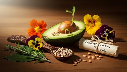 Nourishing avocado sprout, edible flowers, and lentils symbolize growth and healthy living.