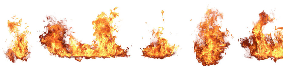 set of different fire flames isolated on a white background
