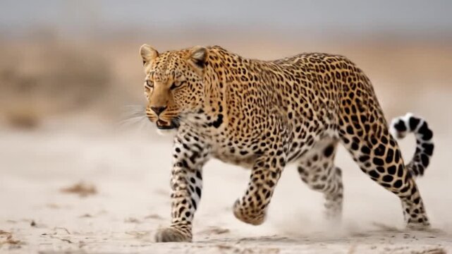 A leopard strides across pale sand under a hazy sky, spotted coat gleams, tail curves proudly aloft!