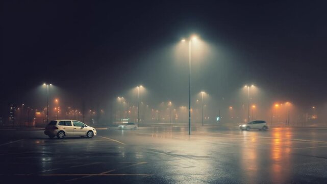 A misty, dimly lit parking lot at night with wet reflective pavement and lone white car under glow