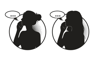 Vector illustration of woman silhouette talking on smartphone with speech bubble, minimal comic style isolated on white background.