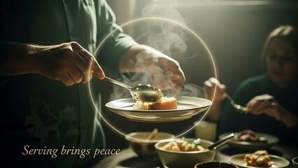 Warm hands serve a comforting meal, sharing bounty and togetherness around a dinner table.