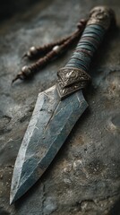 Mystical thin scalpel with burnished star-iron blade and twilight leather handle, pale light veins along the edge, glowing in starlight, whispering names of lost forms, magical fantasy weapon