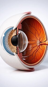 Medical anatomy visualization eye showing detailed internal structure with retina optic nerve lens cornea iris vitreous chamber blood vessel network realistic cross section retina optic nerve lens