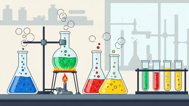 Colorful laboratory setup with beakers and test tubes on a shelf with a bunsen burner heating a green
