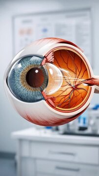 Medical anatomy visualization eye anatomy cross section showing internal structure with cornea lens retina optic nerve iris pupil vitreous humor vascular network clinical examination setting