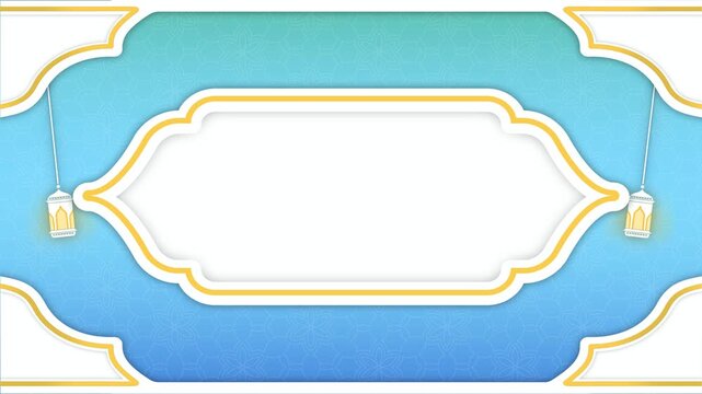 islamic ramadan decorative frame with a blank white center, featuring intricate designs and a gradient blue background.
