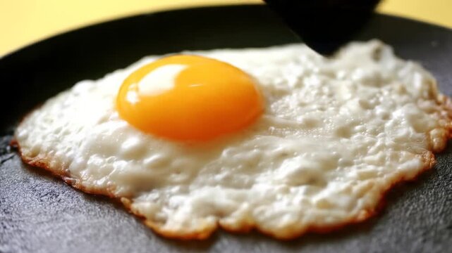 Close up of fried egg on a pan with bright yolk food concept