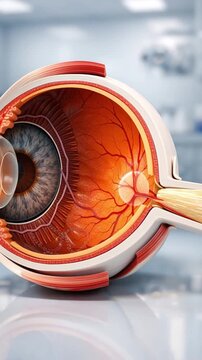 Medical anatomy visualization eye cross section showing detailed internal structure of human ocular globe with retina optic nerve lens cornea vitreous sclera blood vessels conveying educational