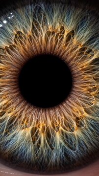 Close up macro medical anatomy visualization of human eye showing radial iris fiber texture and pupil rim color variation detailed close radial macro anatomy visualization conveying wonder