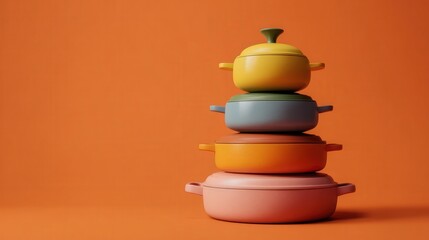 Stack of four colorful cooking pots arranged vertically against a solid warm background
