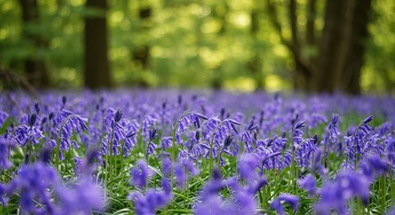 Obraz premium Vibrant Purple Bluebells Blooming in a Lush Green Forest