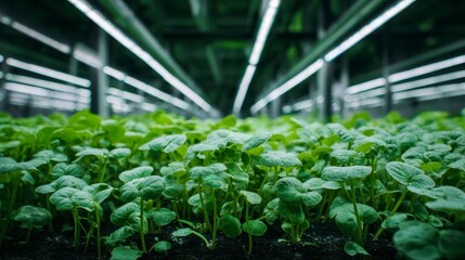 A close-up showcases a lush indoor hydroponic farm, featuring rows of growing greens under bright LED lighting. The focus is on the thriving plants