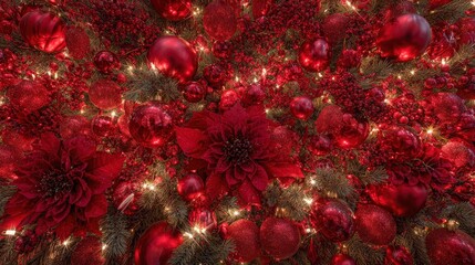 Dense arrangement of rich red holiday decorations illuminates deep green foliage