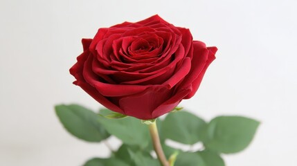 Fototapeta premium Single deep red rose bloom stands prominently against a bright, plain background