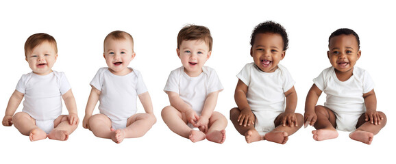 set of multiethnic babies sitting and smiling