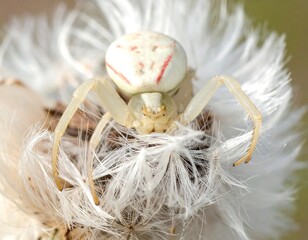A close-up view of a small spider with a creamy white body, resting on a fluffy white plant head. The spider's face is visible