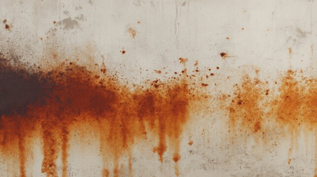 Abstract pattern displays corrosive reddish brown staining bleeding down a pale surface