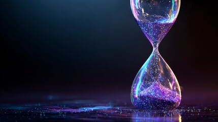 A vibrant, glowing hourglass with shimmering particles flowing downwards, set against a dark, ethereal background. Its mesmerizing