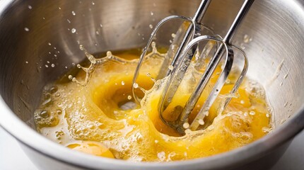 Electric mixer beaters whisking raw eggs in metal bowl with dynamic splashes.