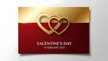 Fototapeta premium Elegant gold hearts adorn a deep red and gold background celebrating Valentine's Day on 14 February 2024,