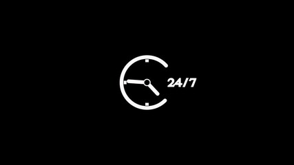 White 24/7 Clock Icon with Hands on a Black Background time service